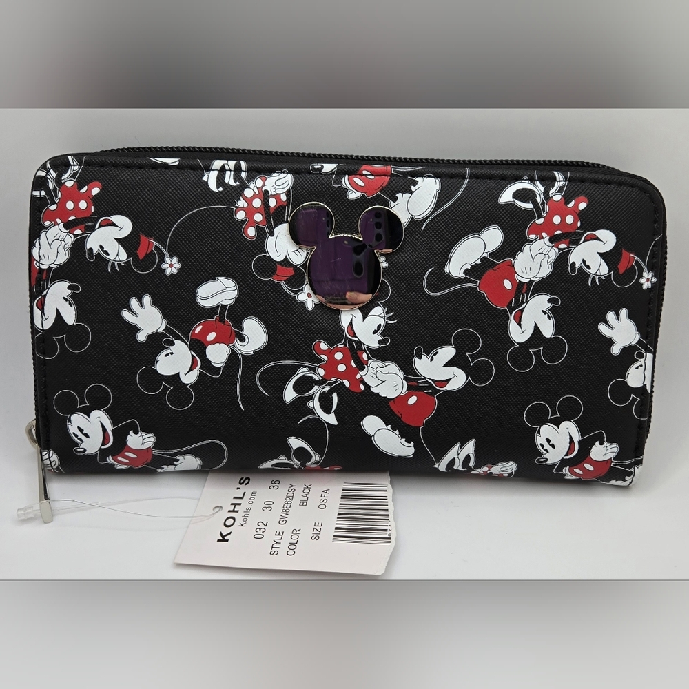Disney Wallet Black Mickey & Minnie Mouse Metal MM Emblem NWT 8" X 4" X 1"